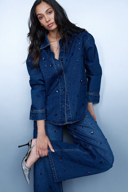 Sequin-Embroidered Denim Shirt