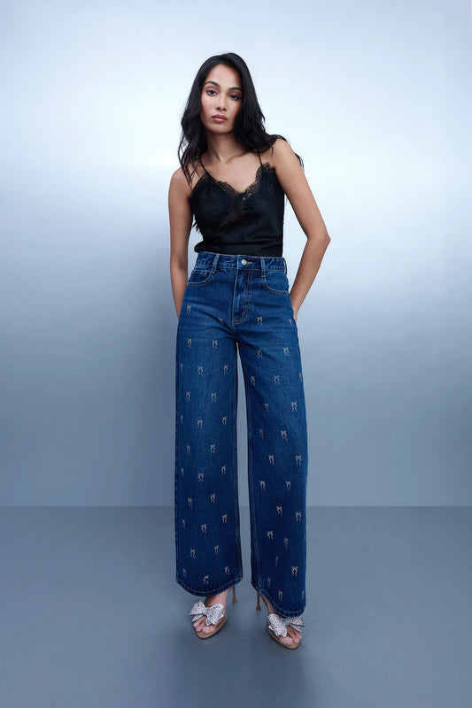Bow Studded Straight-Leg Jeans