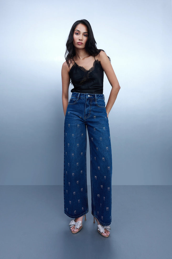Bow Studded Straight-Leg Jeans