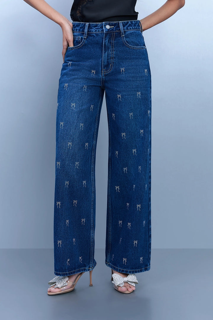 Bow Studded Straight-Leg Jeans