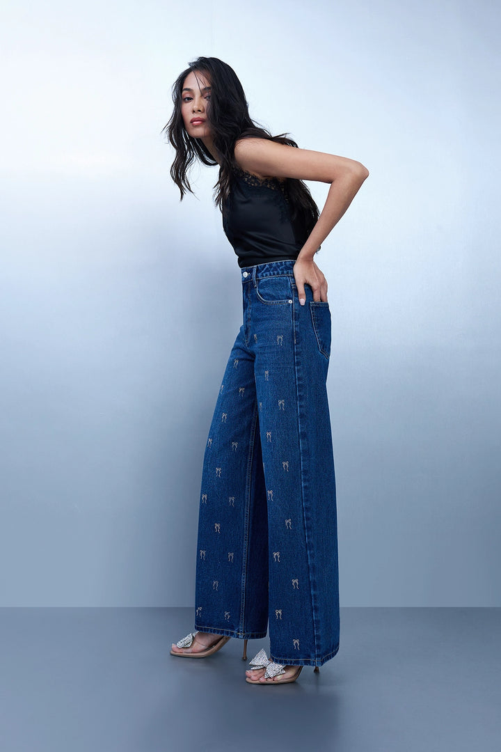 Bow Studded Straight-Leg Jeans