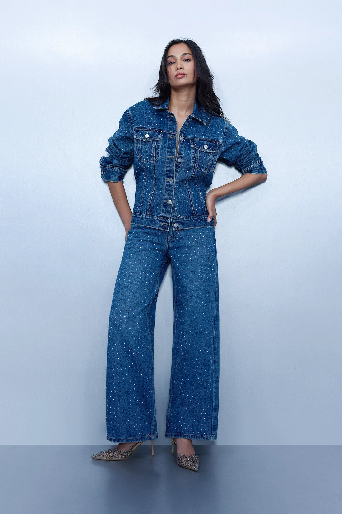 Studded High Rise Straight Jeans - Blue