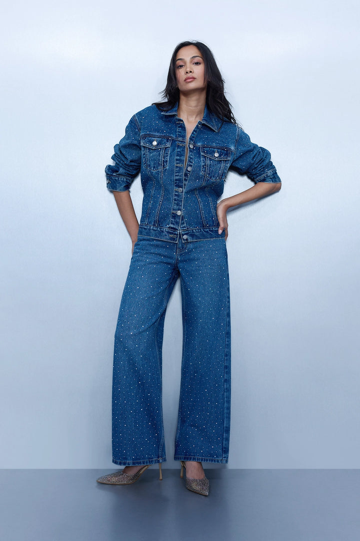 Studded High Rise Straight Jeans - Blue