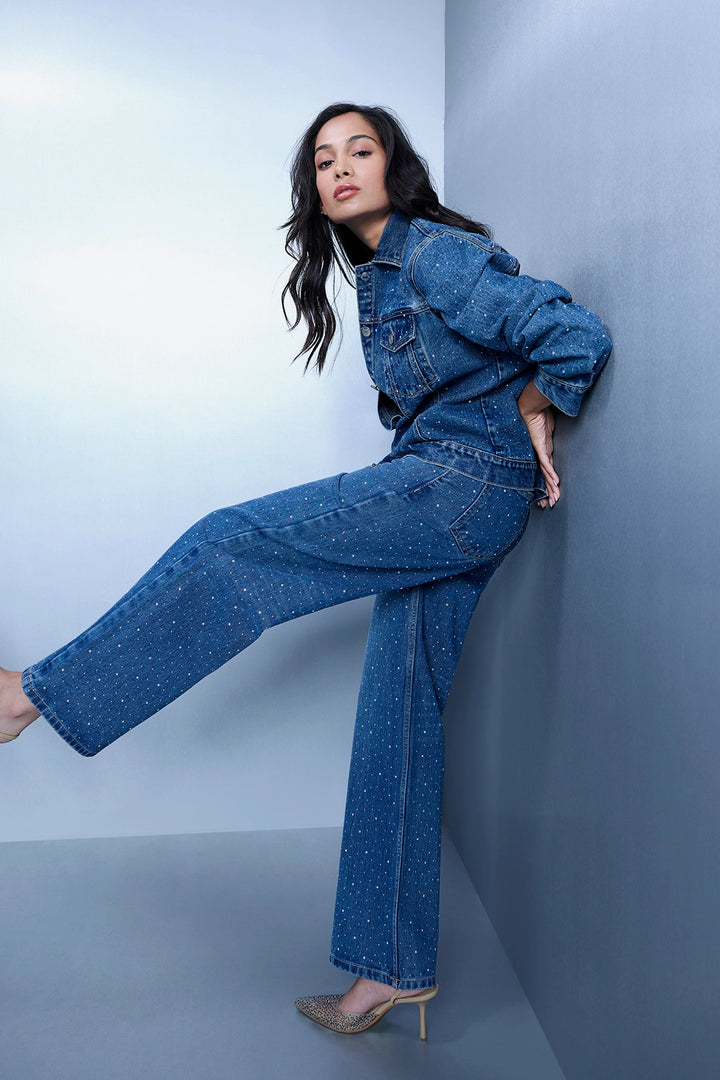 Studded High Rise Straight Jeans - Blue