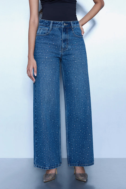Studded High Rise Straight Jeans - Blue