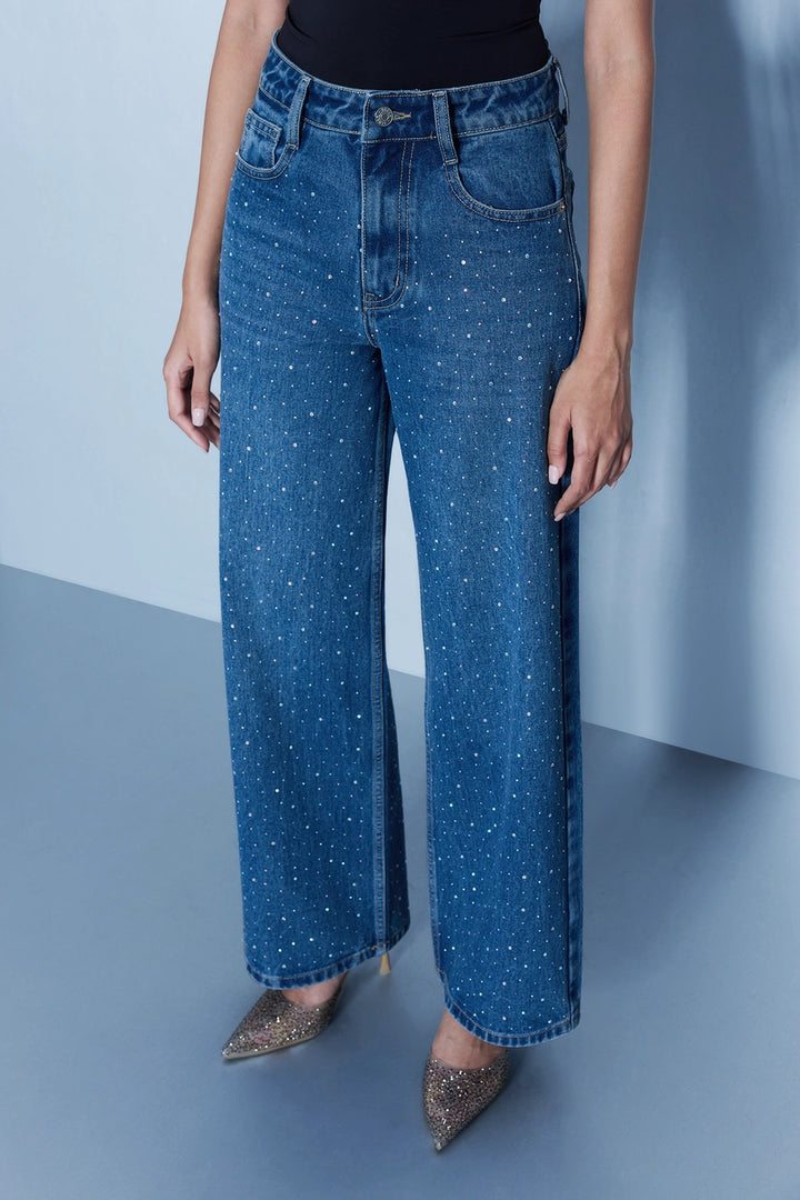 Studded High Rise Straight Jeans - Blue