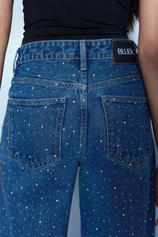 Studded High Rise Straight Jeans - Blue