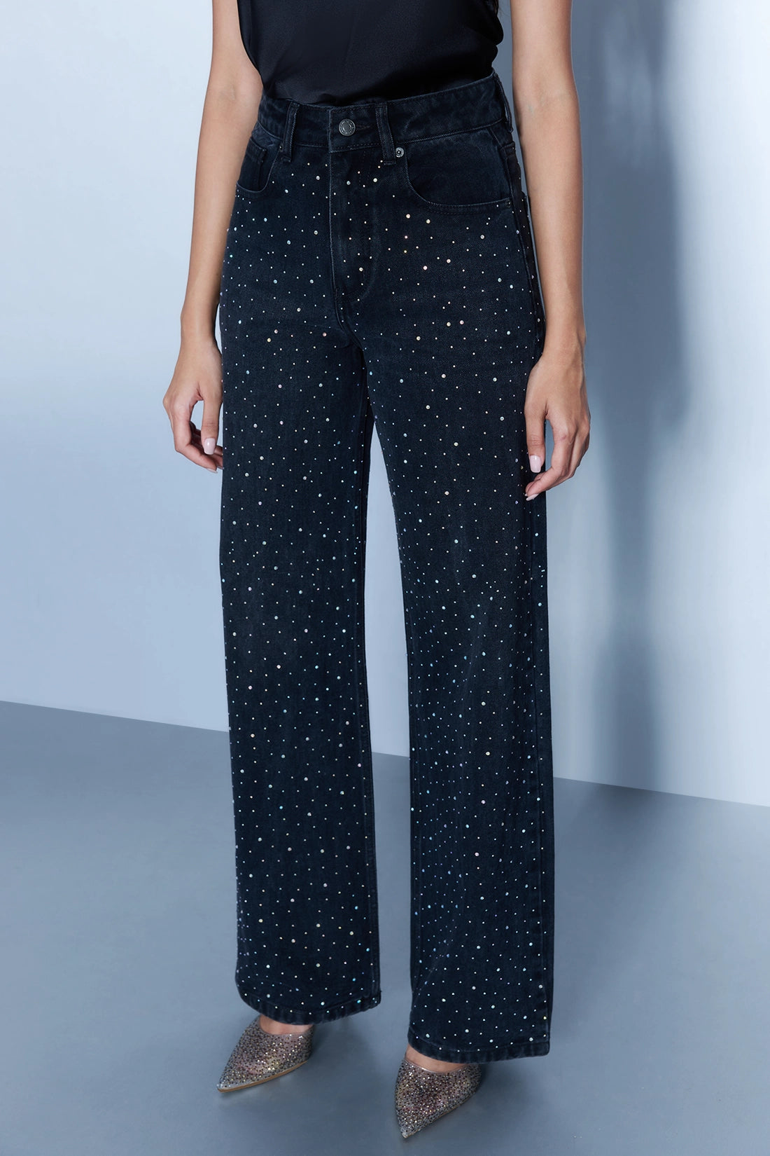 Studded High Rise Straight Jeans - Black