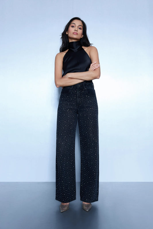 Studded High Rise Straight Jeans - Black