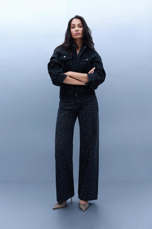 Studded High Rise Straight Jeans - Black