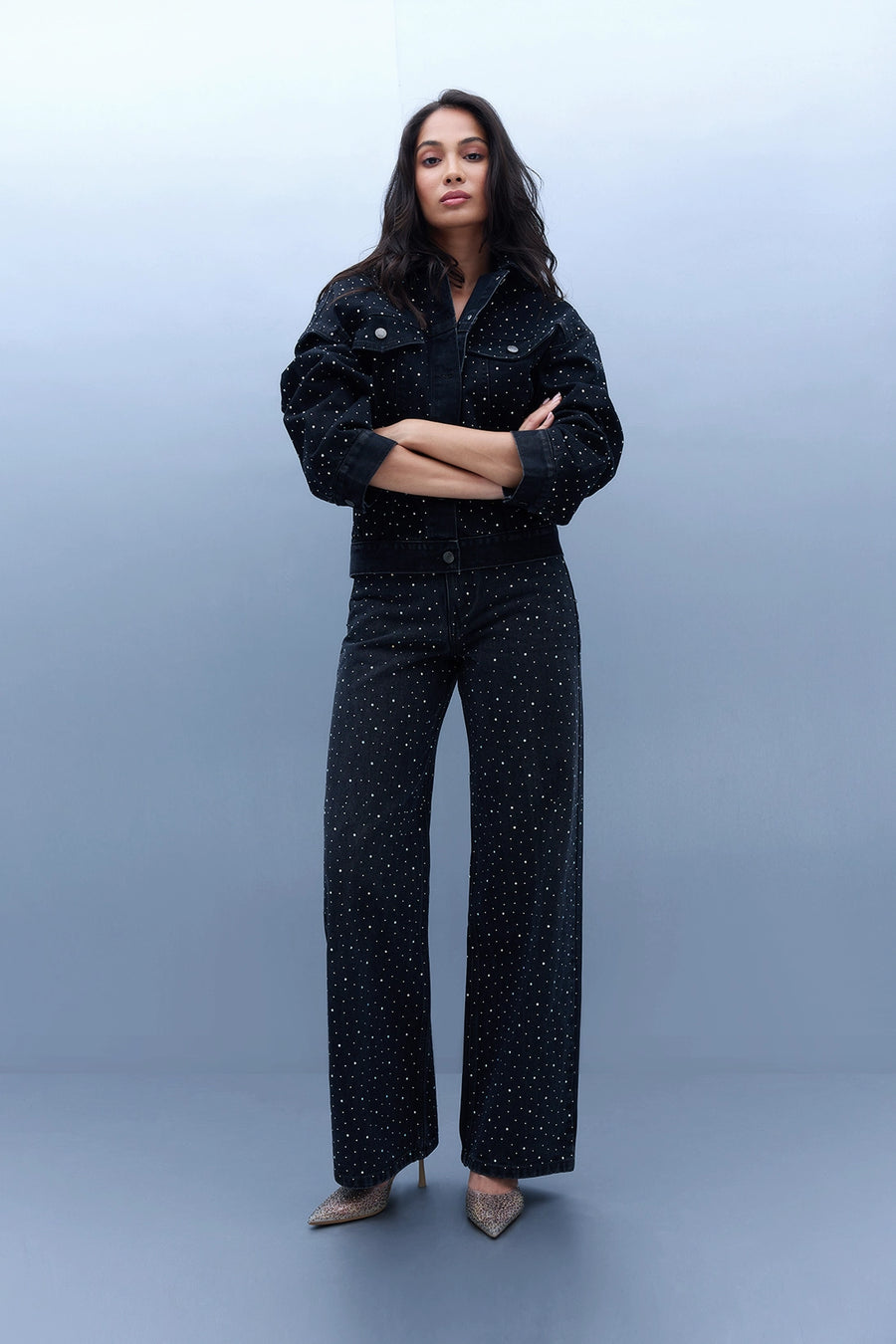 Studded High Rise Straight Jeans - Black