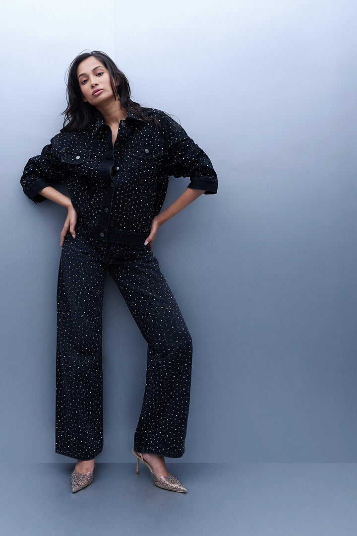 Studded High Rise Straight Jeans - Black