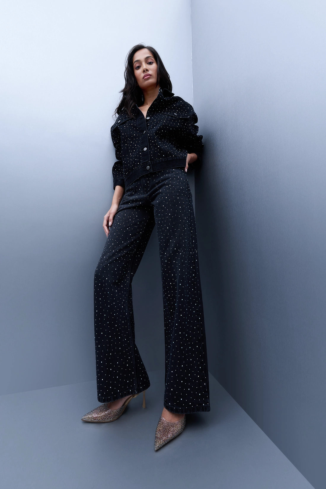 Studded High Rise Straight Jeans - Black