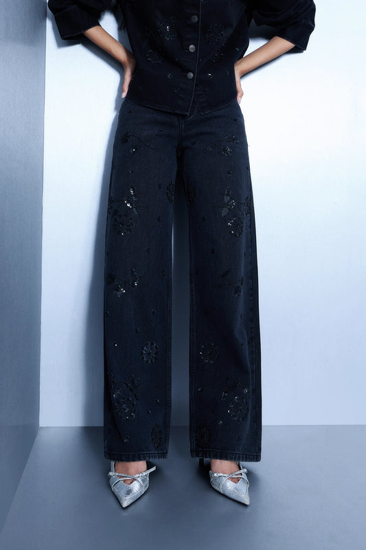 Hand Embroidered Floral Straight Jeans - Black