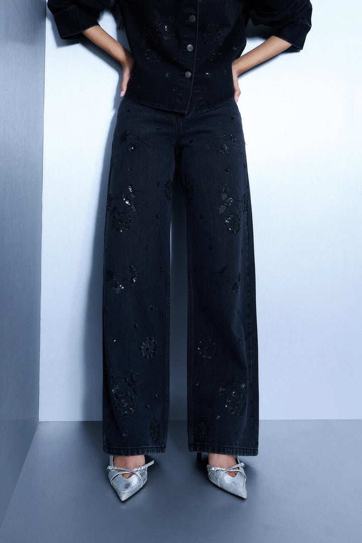Hand Embroidered Floral Straight Jeans - Black
