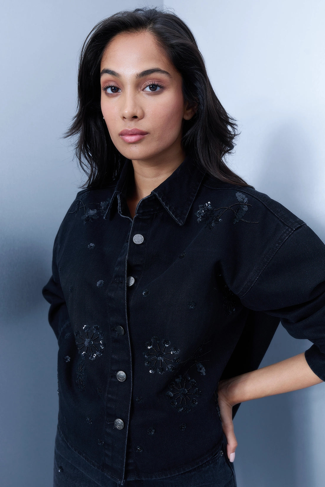 Hand Embroidered Floral Shacket - Black