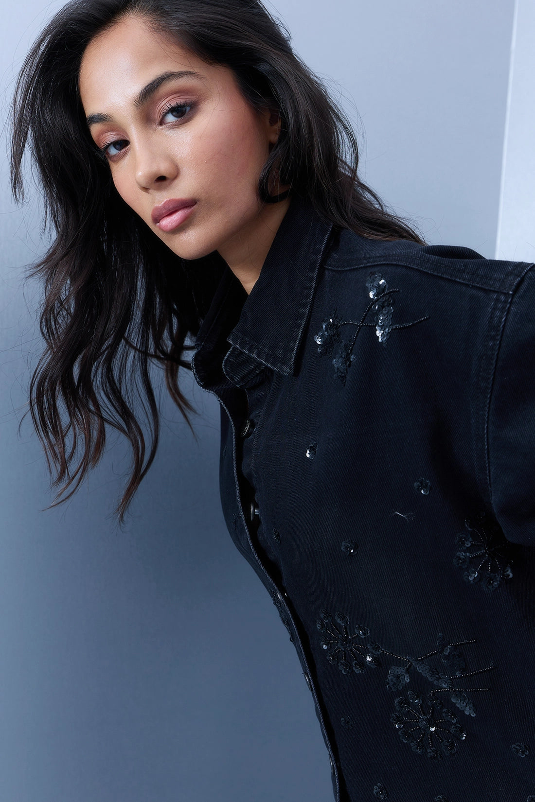 Hand Embroidered Floral Shacket - Black