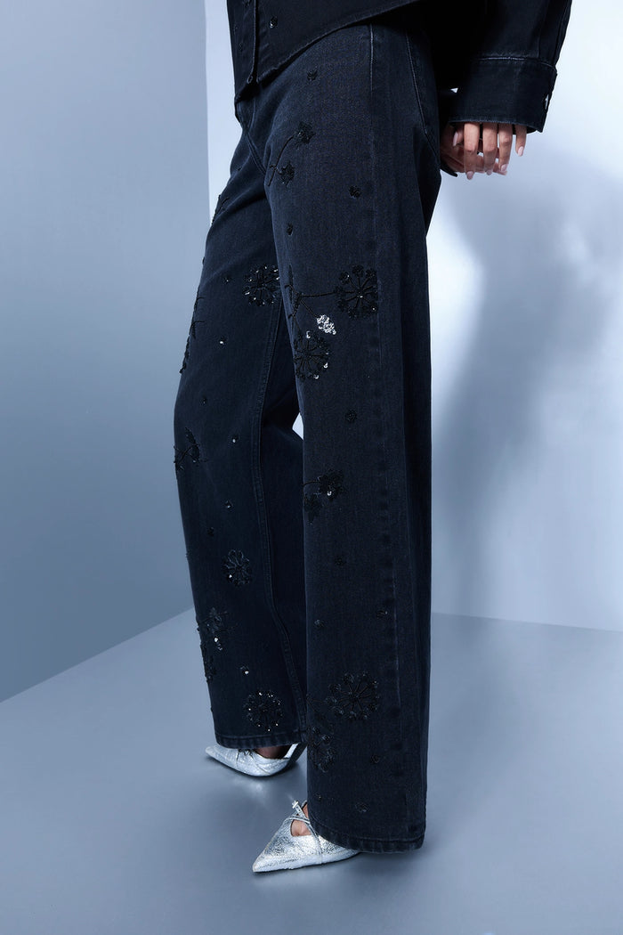 Hand Embroidered Floral Straight Jeans - Black