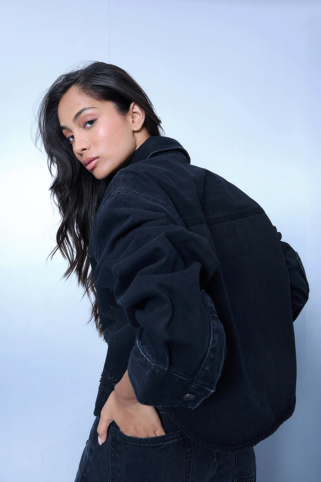 Hand Embroidered Floral Shacket - Black