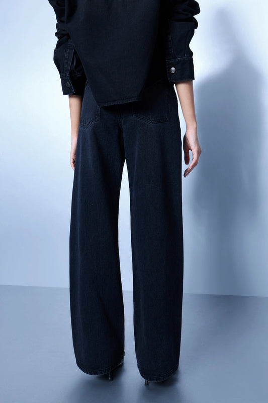 Hand Embroidered Floral Straight Jeans - Black