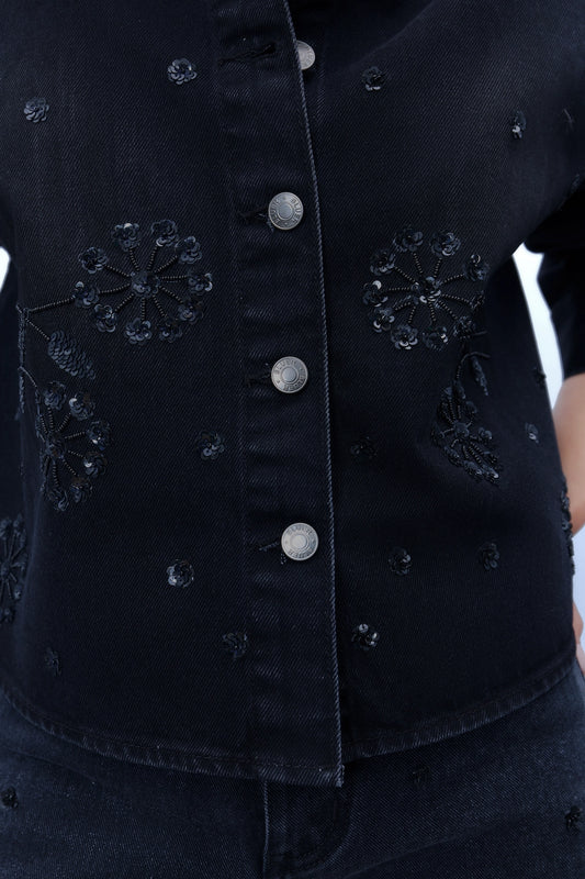 Hand Embroidered Floral Shacket - Black