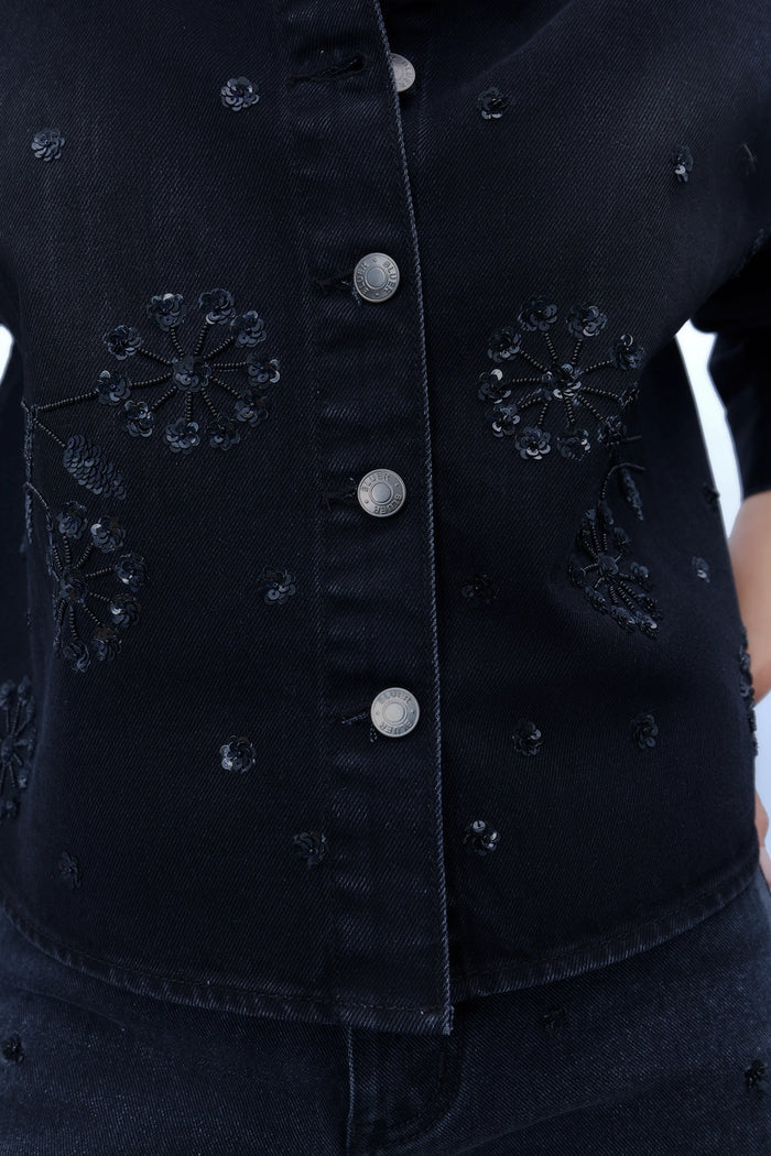Hand Embroidered Floral Shacket - Black