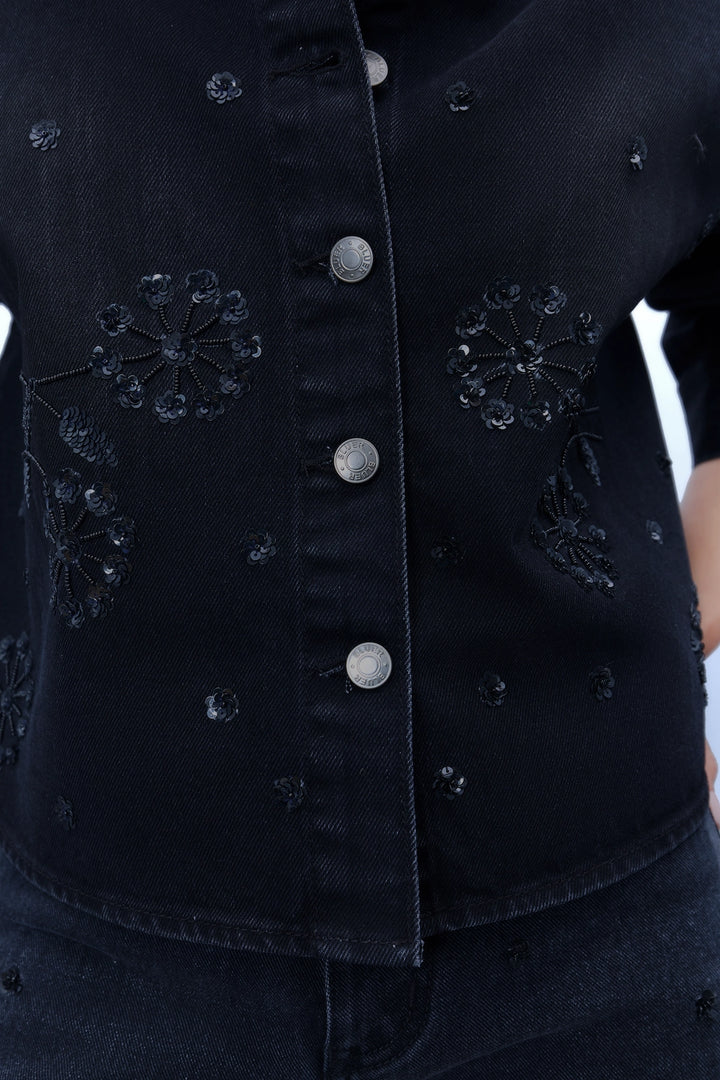 Hand Embroidered Floral Shacket - Black