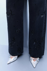 Hand Embroidered Floral Straight Jeans - Black