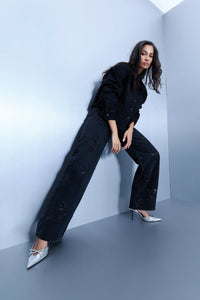 Hand Embroidered Floral Straight Jeans - Black