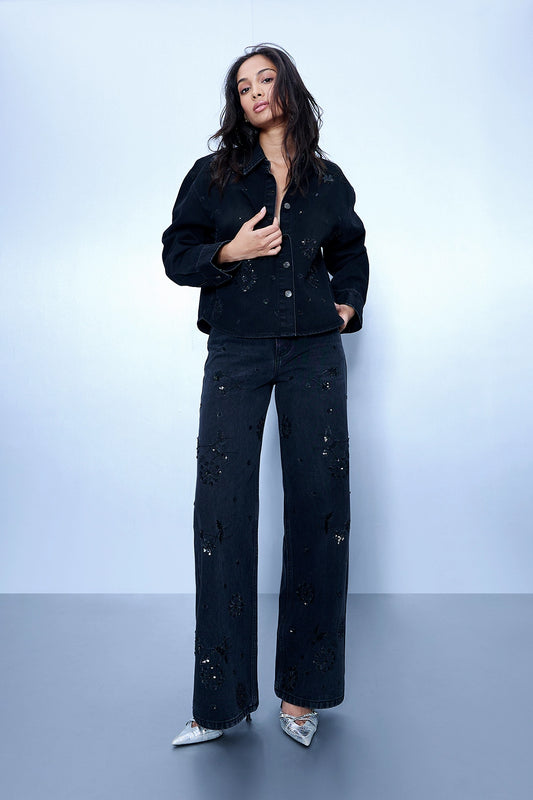 Hand Embroidered Floral Straight Jeans - Black