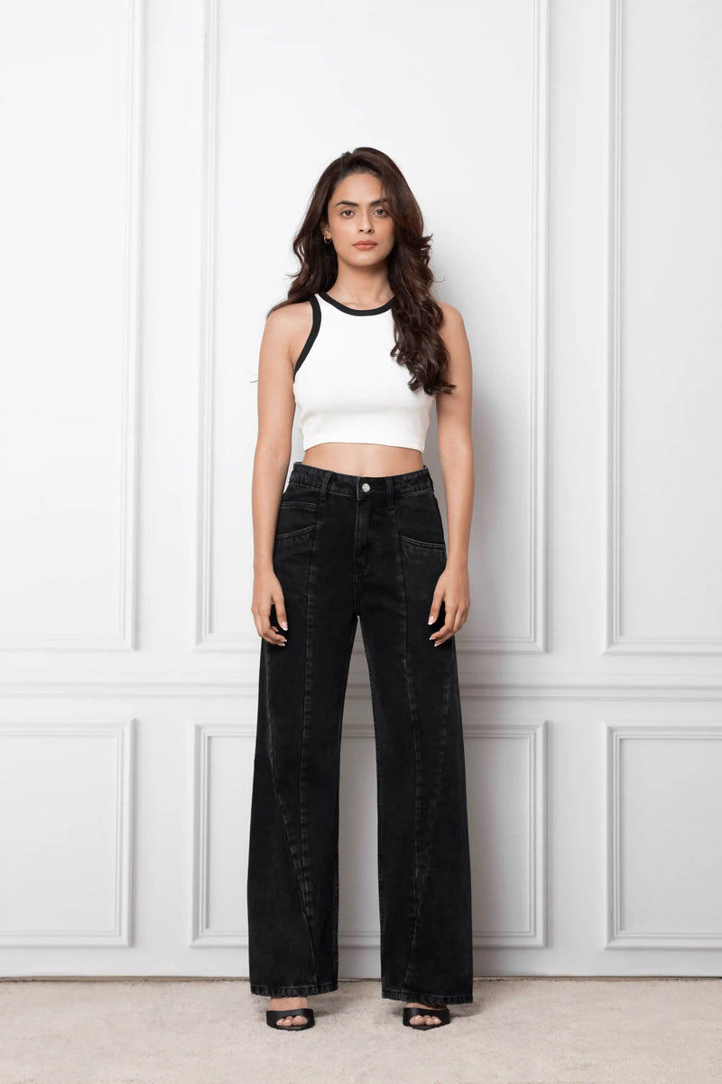 Black Cross Pleated Straight Fit Jeans