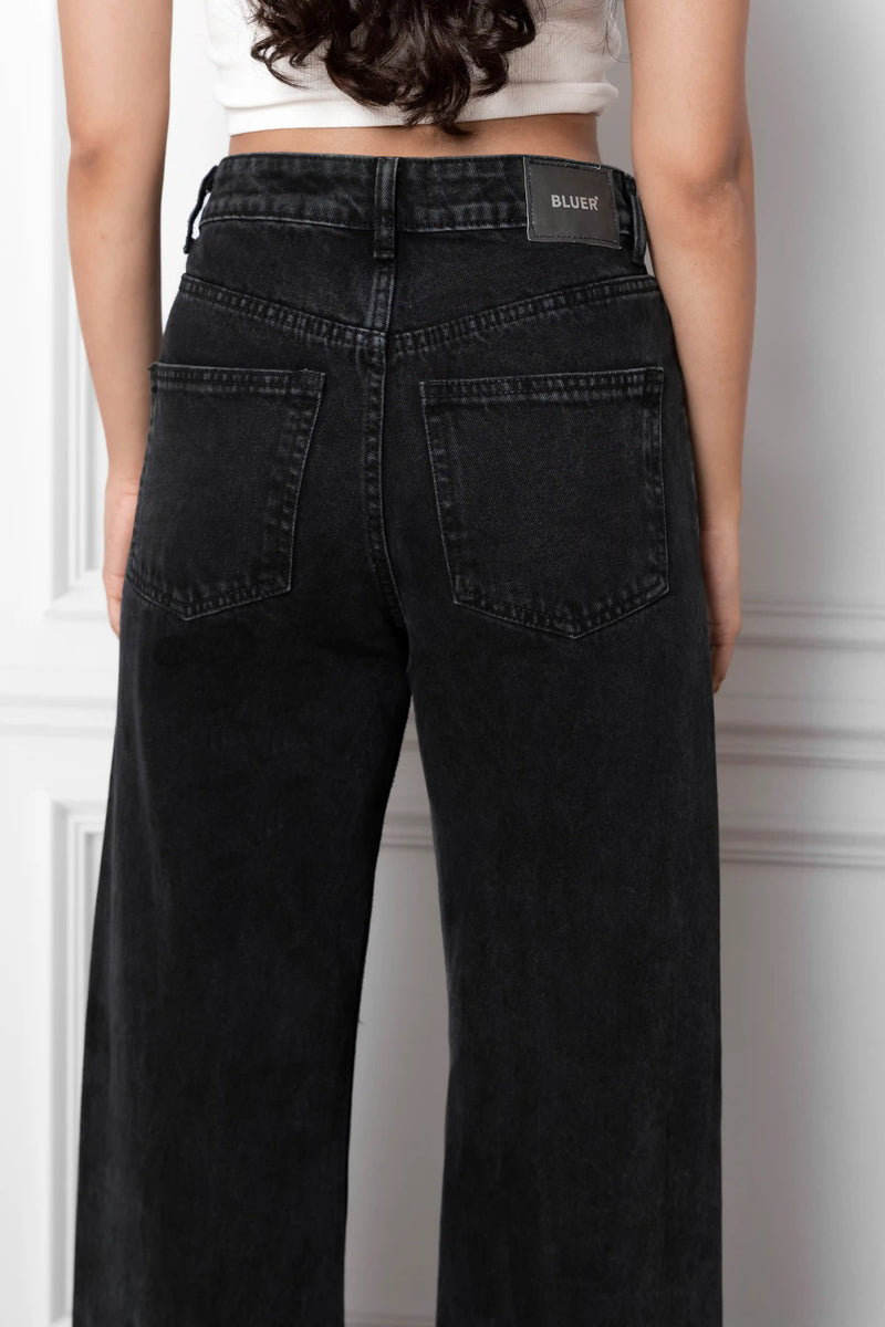 Black Cross Pleated Straight Fit Jeans