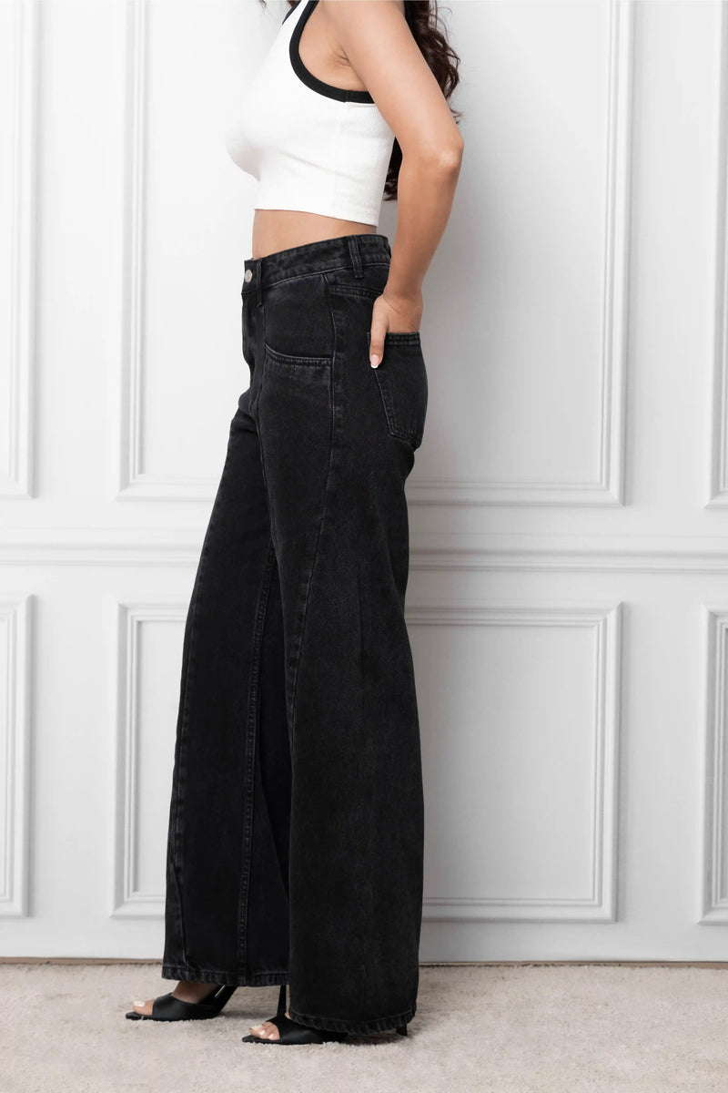 Black Cross Pleated Straight Fit Jeans