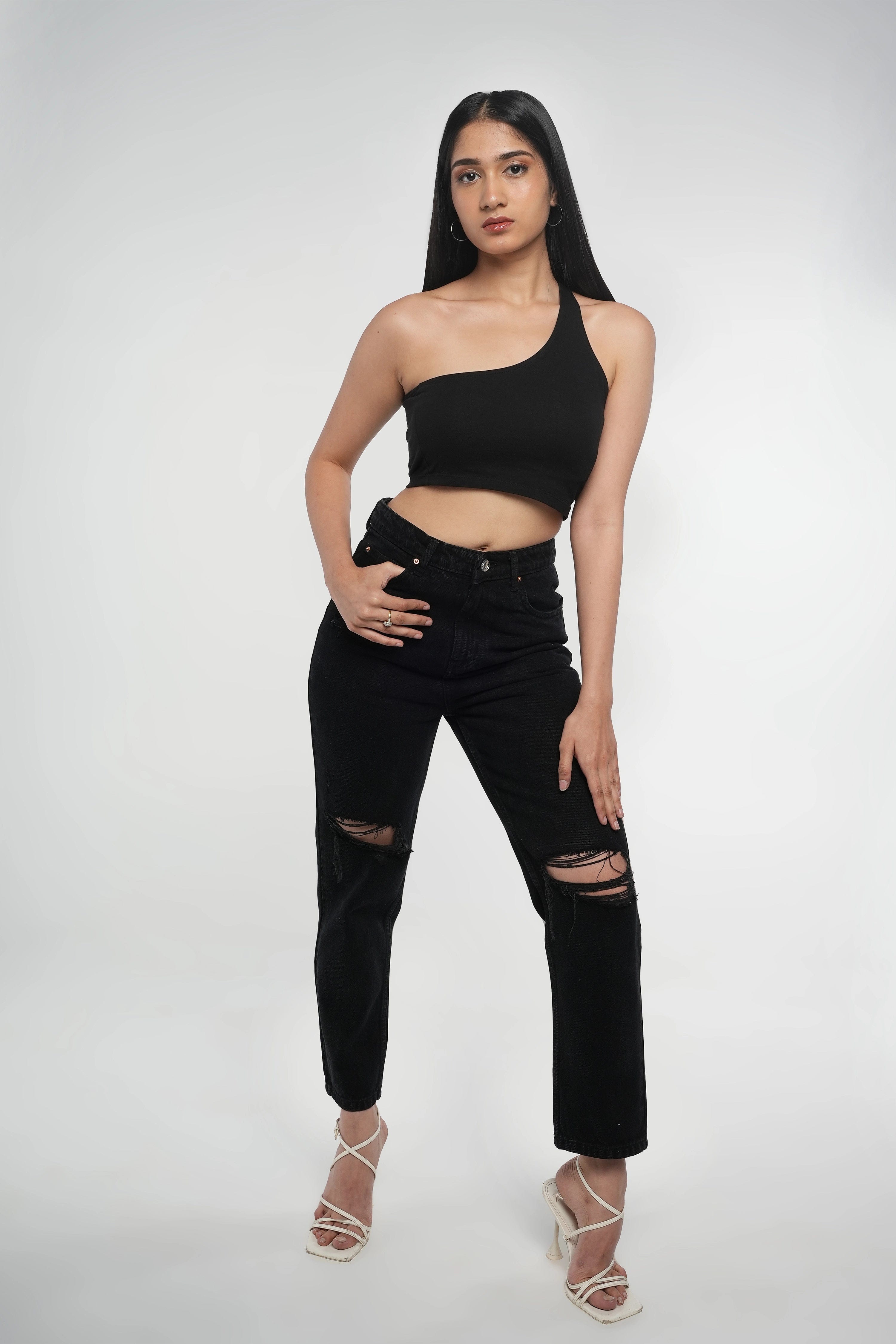 Black ripped jeans clearance and crop top