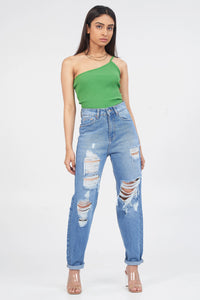 Blue Boyfriend Mom Fit Ripped Jeans Bluer