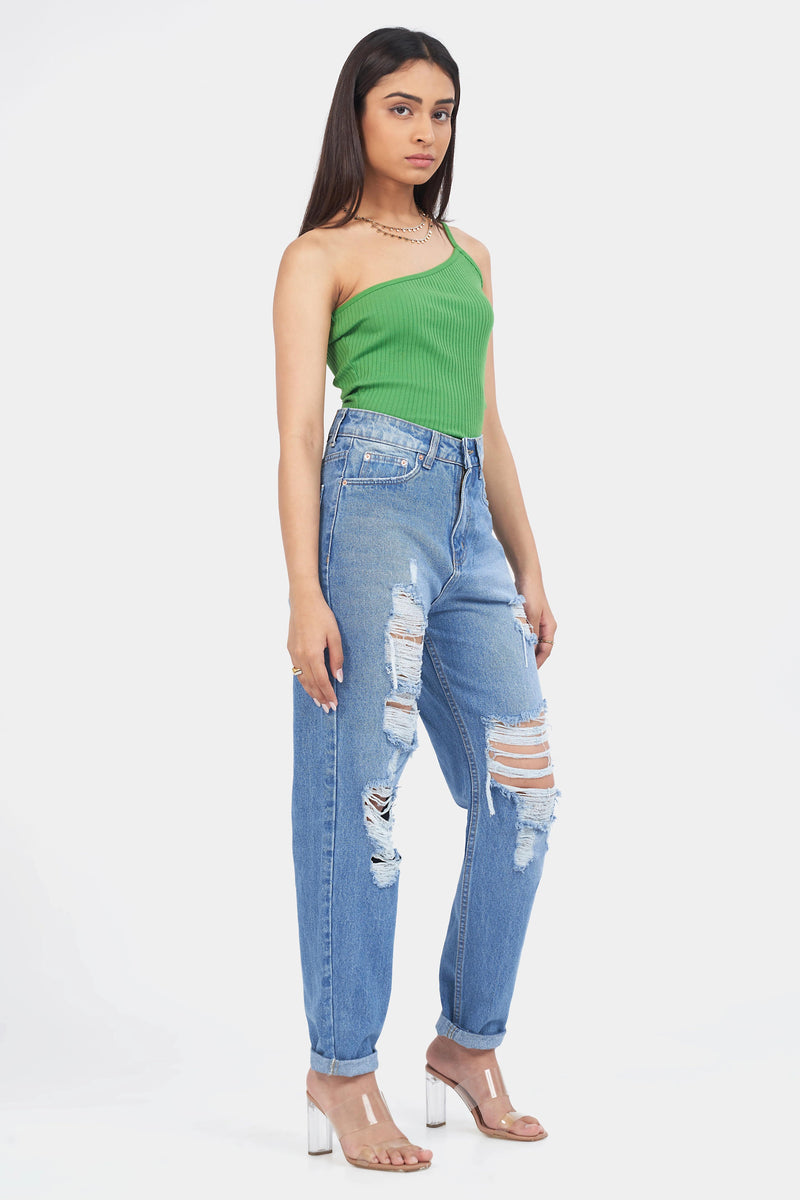 Blue Boyfriend Mom Fit Ripped Jeans Bluer