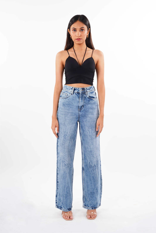 Crackle Wash Wide Leg Jeans Bluer