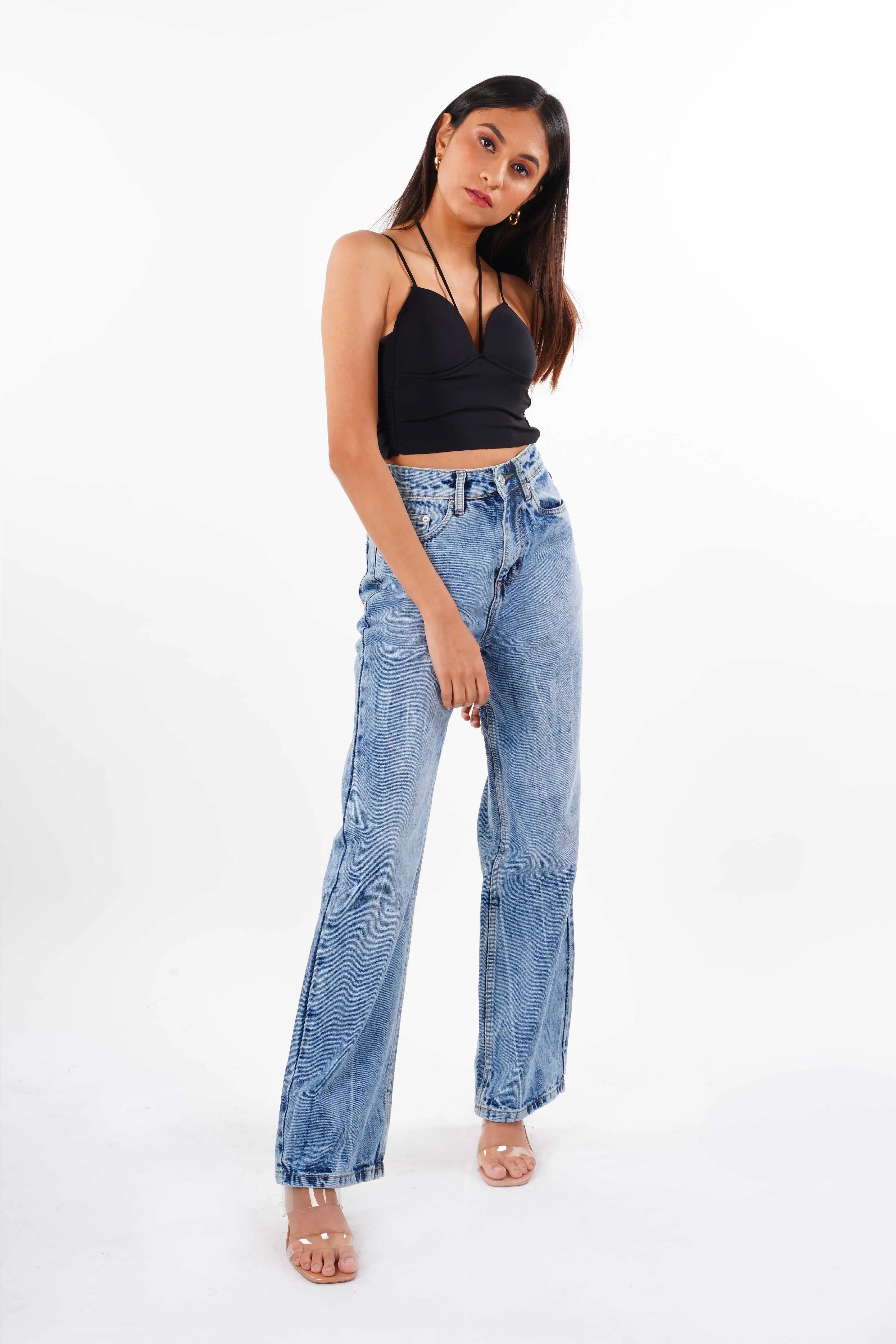 Crackle Wash Wide Leg Jeans Bluer