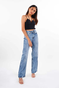 Crackle Wash Wide Leg Jeans Bluer