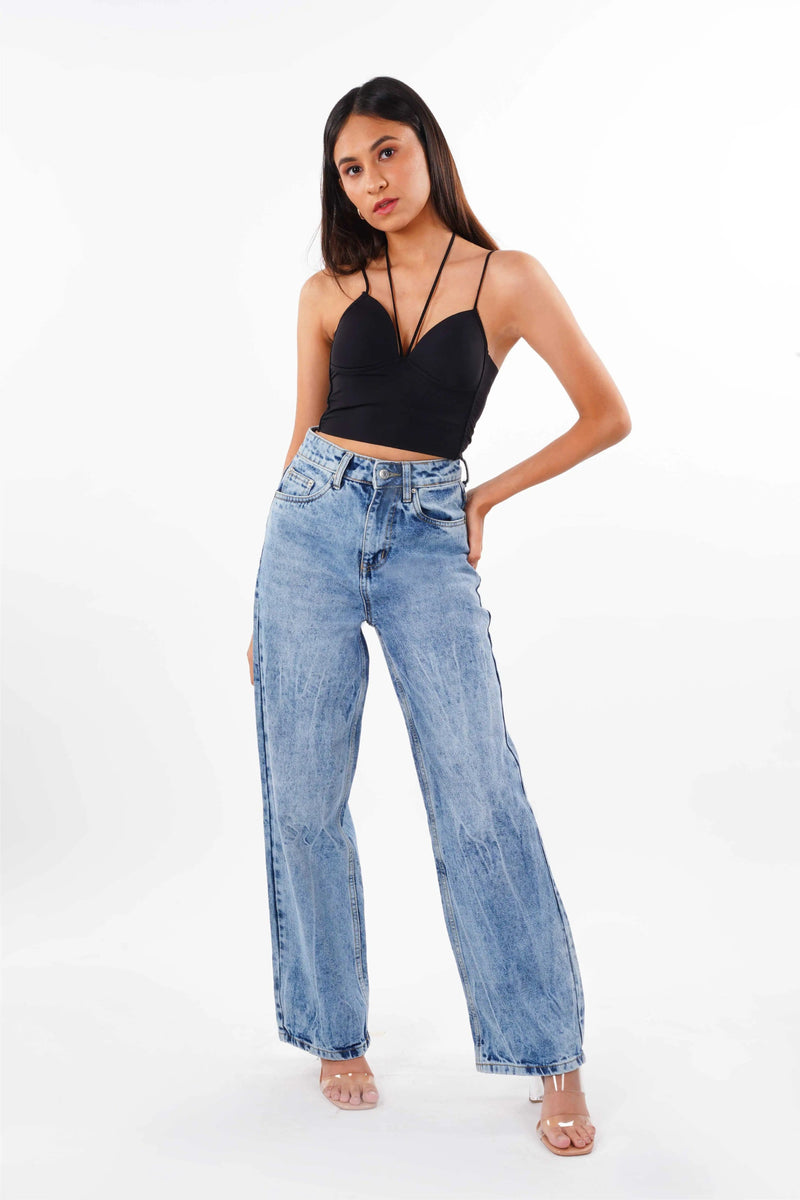 Crackle Wash Wide Leg Jeans Bluer