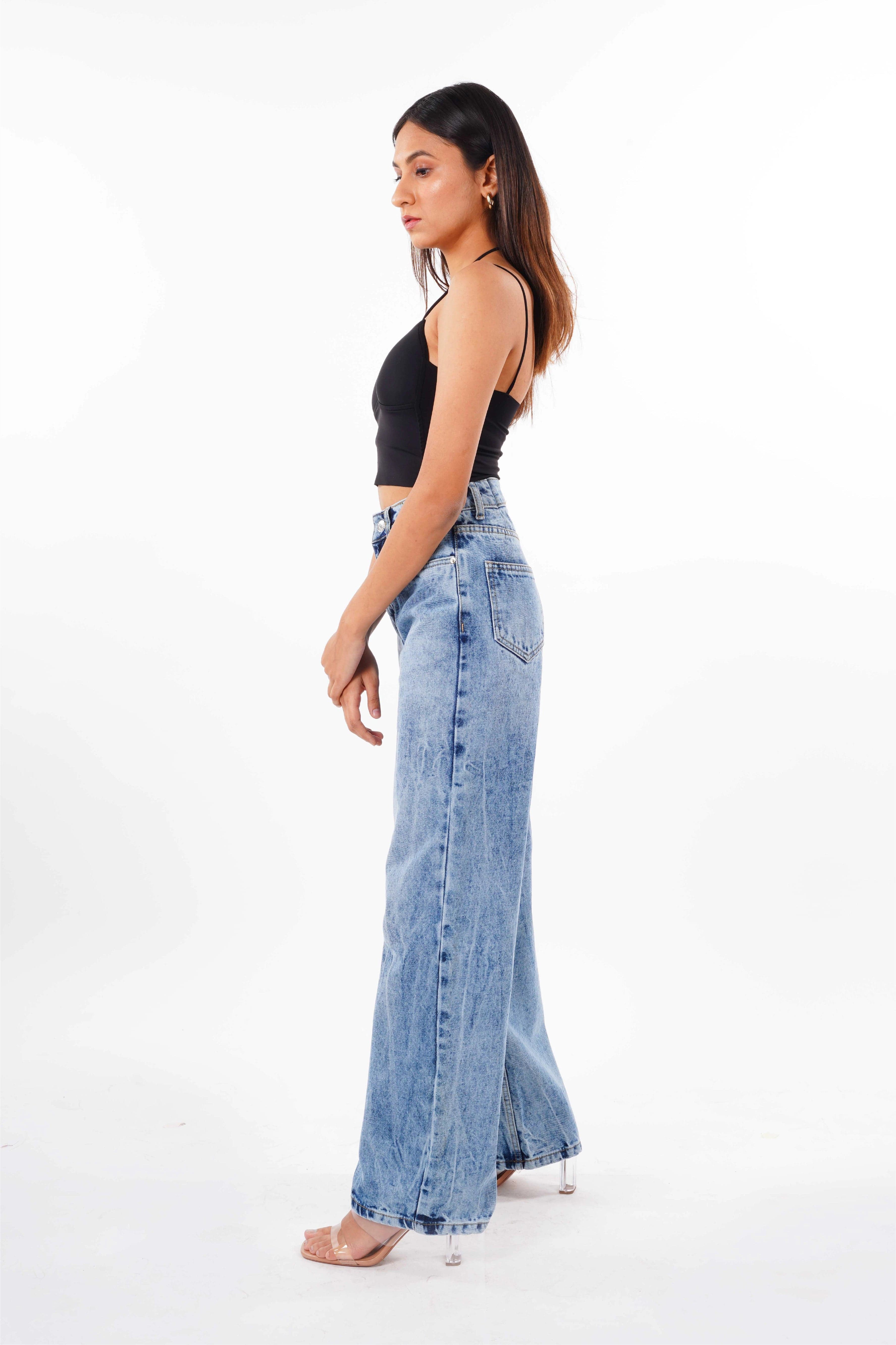 Crackle Wash Wide Leg Jeans Bluer